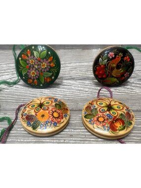 Ukrainian Folk Art Hand Painted Floral Wood Round Ornament Artist Signed 1.75”